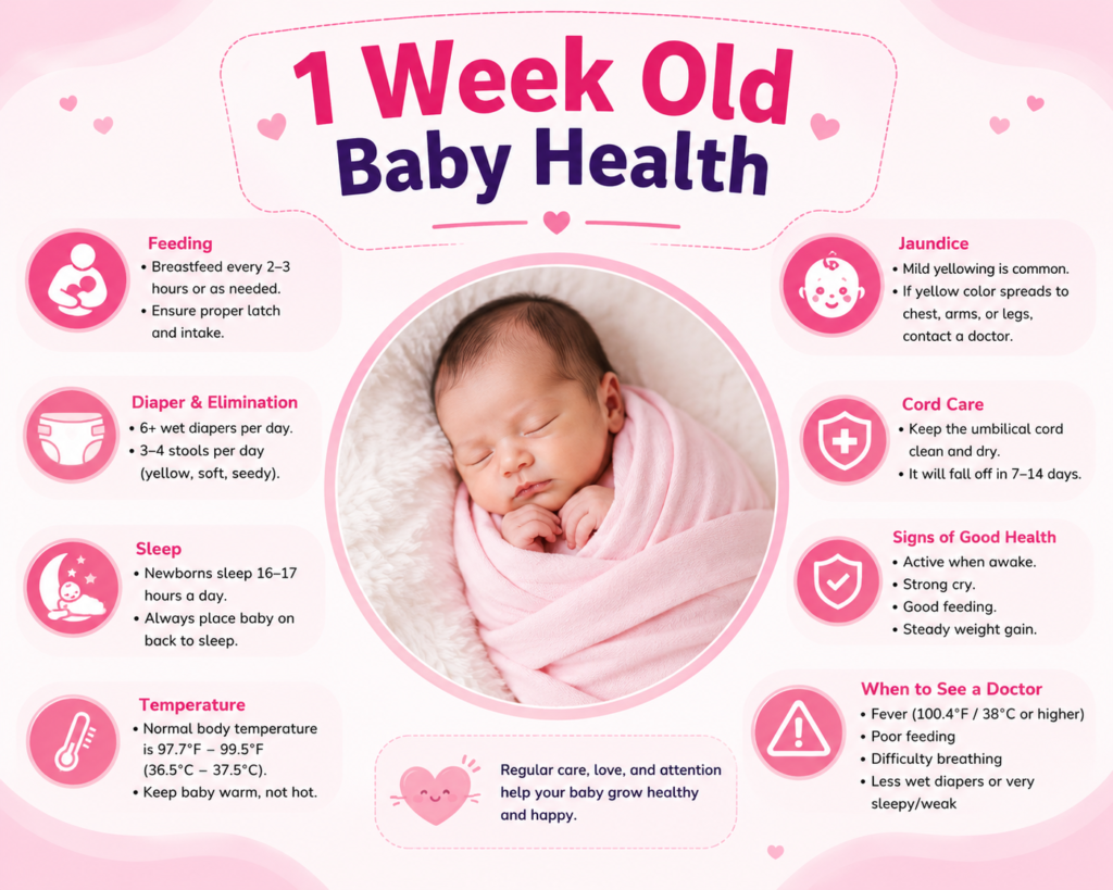 1 week old baby Sleep Routine Umbilical Cord Care parental touch important for babies Eye reactions in a 1 week old baby "First Week Health Monitoring "